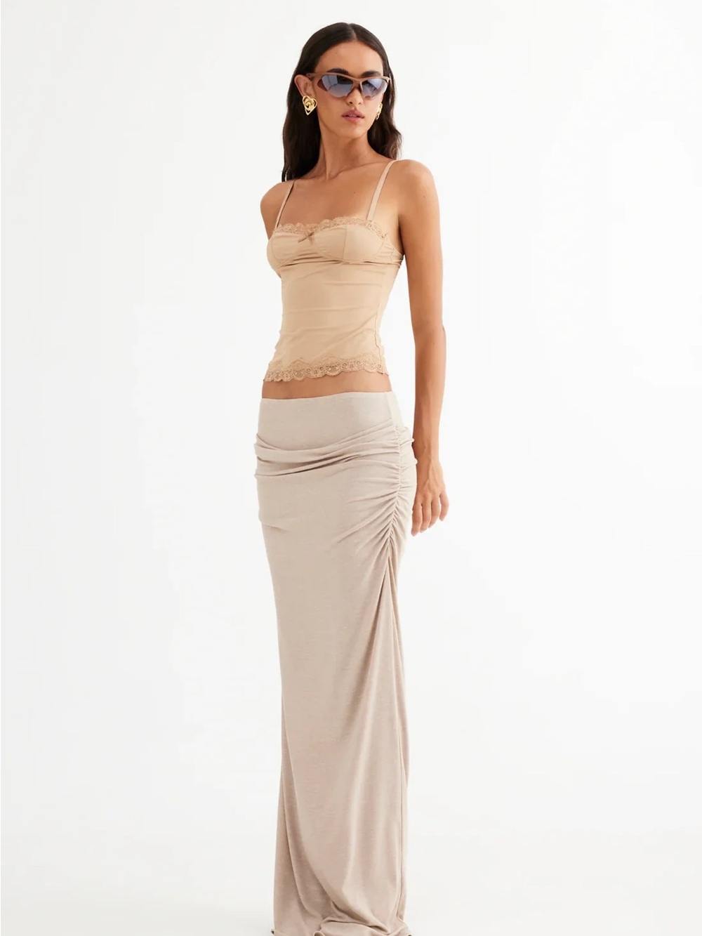 Lioness Tan Nude Synched Ruched Maxi Skirt